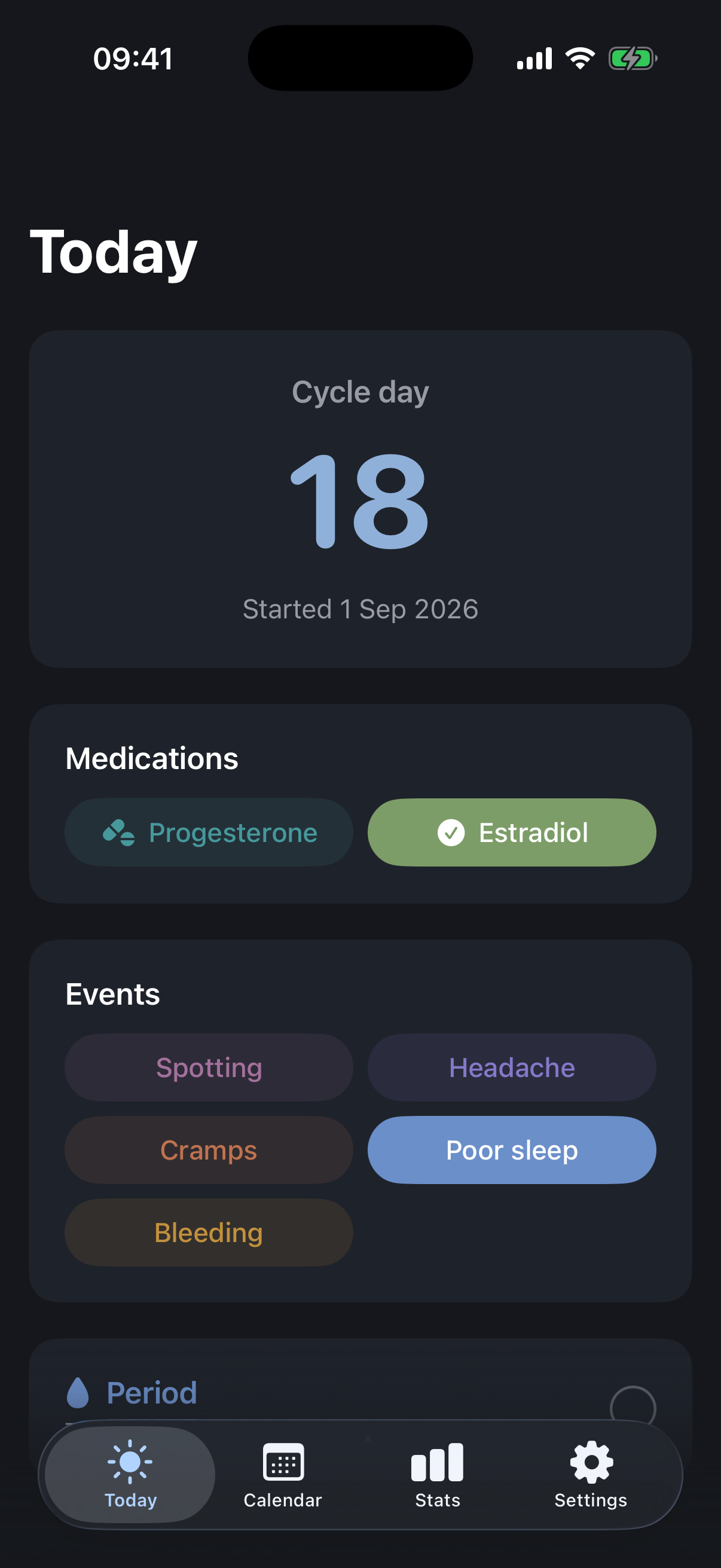 noovu Today screen: cycle day 18, medication cards Progesterone and Estradiol (taken), symptom buttons, Period card