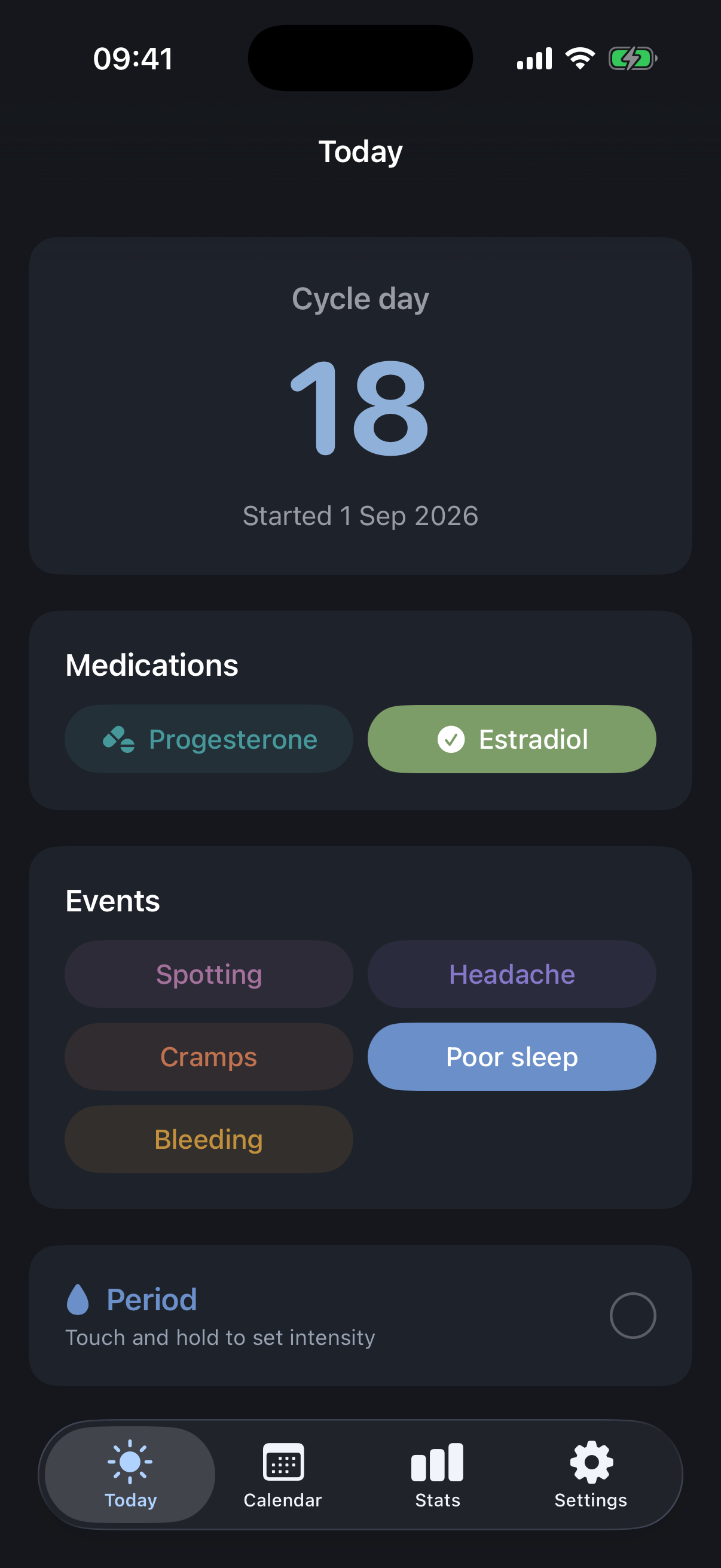 noovu Today screen with all four cards: cycle day, medications, events, Period